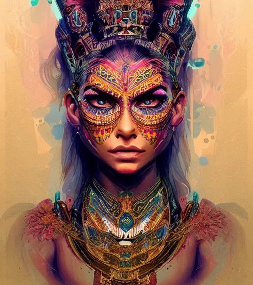 Image similar to beautiful intricate exquisite aztec princess realistic face, beautiful eyes, neon colors, drawing, in the style of greg rutkowski, fantasy, amazing detail, epic, intricate, elegant, smooth, sharp focus