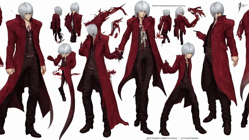 Image similar to devil may cry long haired son of sparda character design sheet, trending on artstation