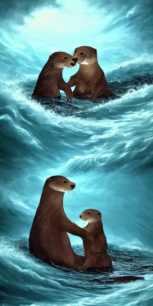 Prompt: An adorable Otter saving his wife from the whirlpool, in love holding hands side by side, in the middle of a super scary storm at sea, thunder, lightning, waves, fantasy illustration, cinematic, award winning, romantic, detailed trending on artstation, masterpiece