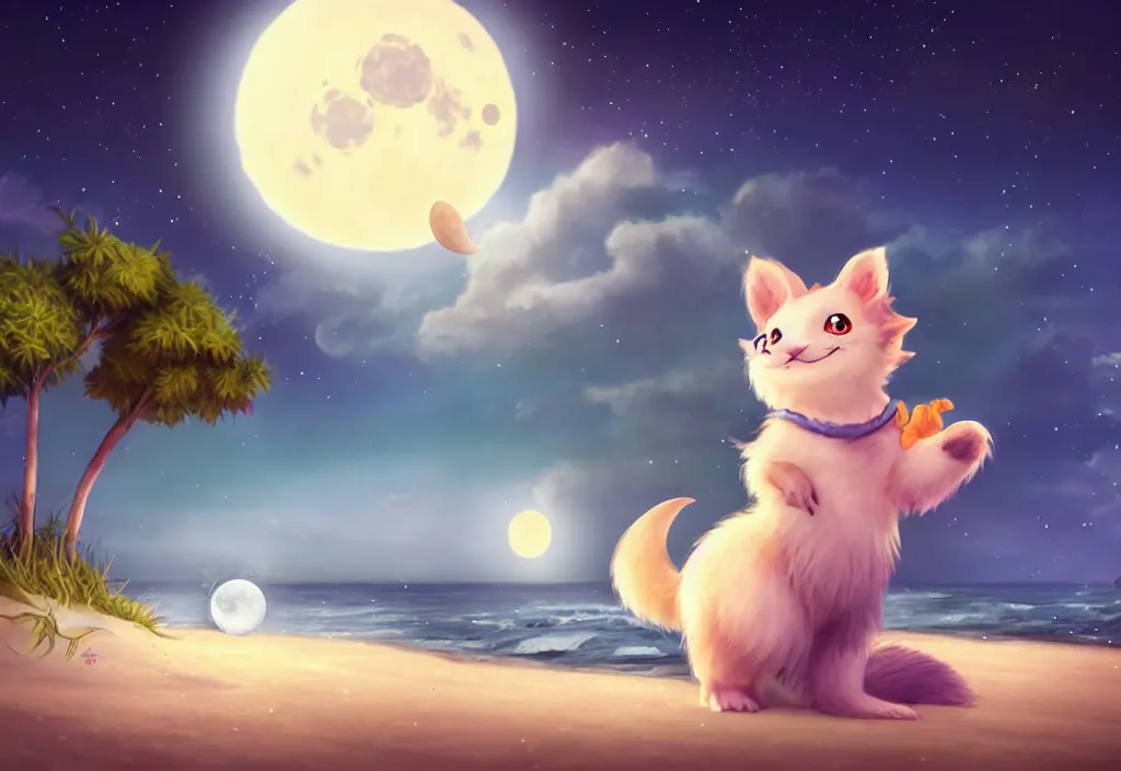 Prompt: cute magical fantasy animal at a beach looking at the moon, ultra realistic, concept art, highly detailed