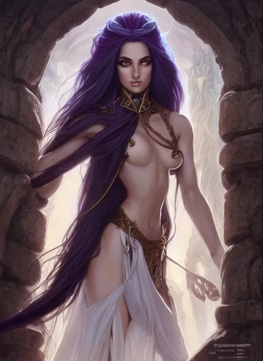 Prompt: portrait of a stunning exotic fantasy dark elf female sorcerer with long white hair flowing in the wind at the location of ancient ruins filled with magic, highly detailed, digital painting, artstation, smooth, sharp focus, illustration, art by artgerm and greg rutkowski and alphonse mucha