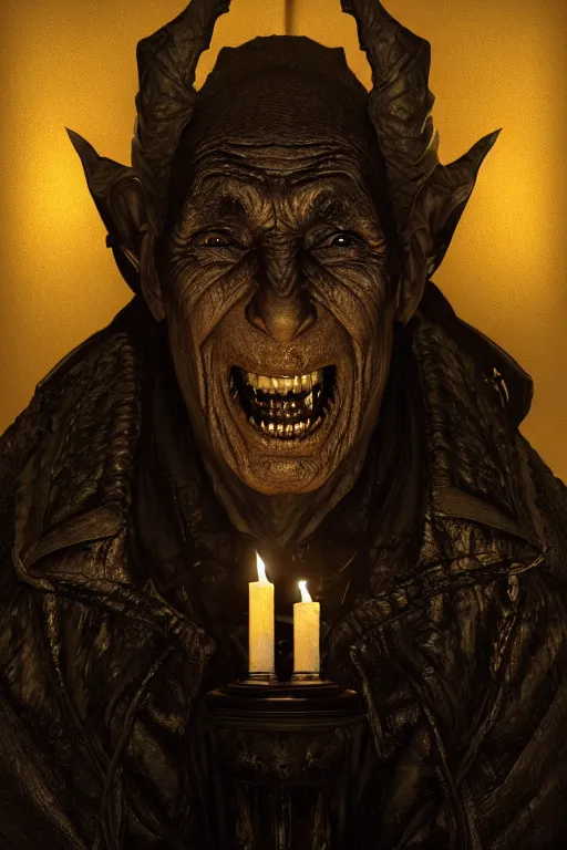 Prompt: portrait of a old vampire slightly smiling, intricate wrinkles, dystopian terror, sharp black fangs, night light, extremely detailed, digital painting, candles, sculpted in zbrush, artstation, concept art, smooth, sharp focus, illustration, chiaroscuro lighting, golden ratio, incredible art by Stanley Artgerm Lau and Greg Rutkowski, composition by Alphonse Mucha and Simon Stalenhag
