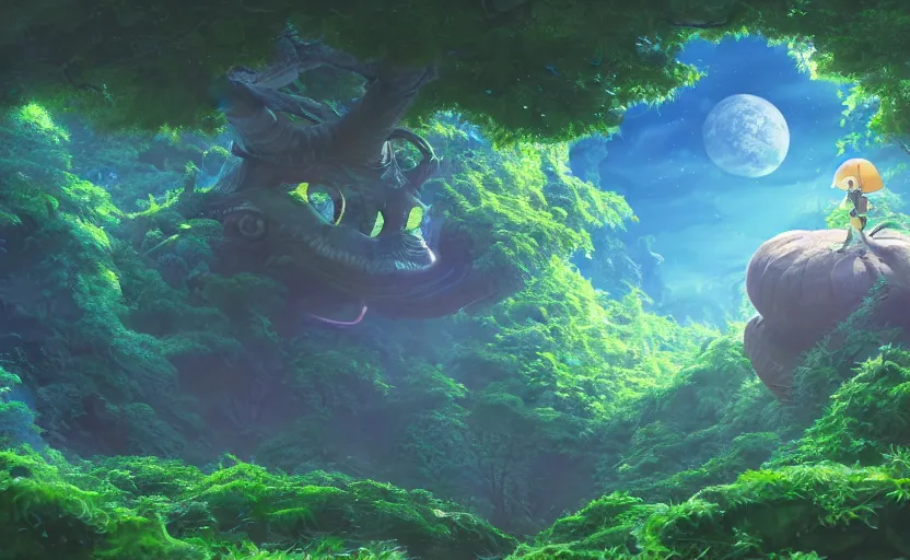 Image similar to a still of a cute adorable tiny astronaut, on a planet of lush foliage, with an enormous kaiju dragon surrounding, magical forest, sharp focus, neon backlit, highly detailed, disney pixar studio ghibli makoto shinkai, digital painting, matte, octane render, global illumination, iridescent, anime, 8 k concept art