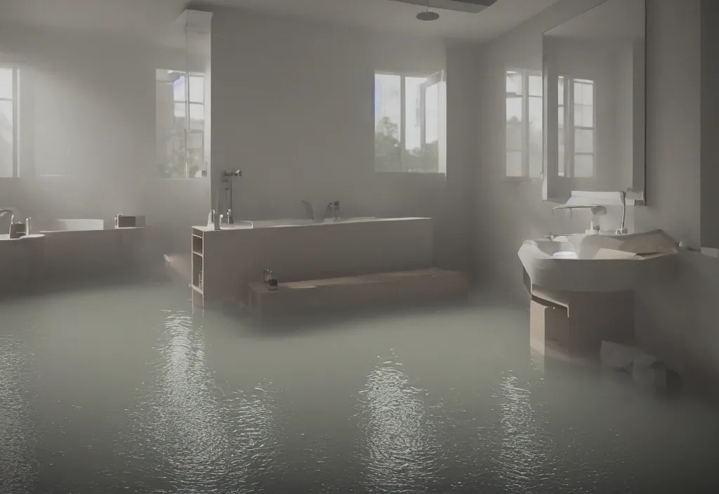 Image similar to kodak portra 4 0 0 photographic and realistic, interior of a bathroom, detailed, octane render, unreal engine, 4 k, artstation, hyper realistic, wide angle, floor flooded, how a river, objects that float, 3 5 mm, sharp focus, soft light, volumetric light fog, in the style of gregory crewdson