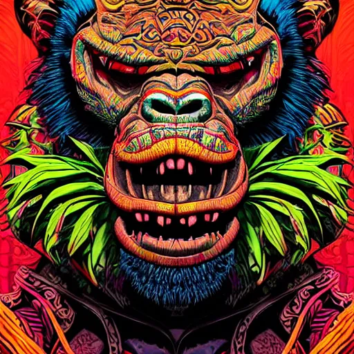 Image similar to barong family member, wiwek, mara demon, one single tribe member, jungle, one single mask, dark, ancient warrior, gorilla, lizard, tribal, inner glow, art by dan mumford and justin gerard and andy warhol