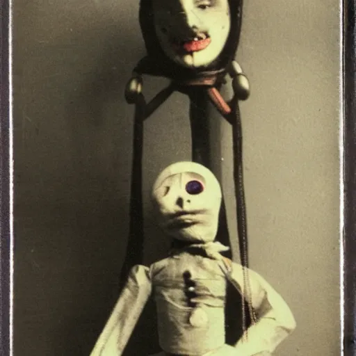 Prompt: female, creepy marionette puppet, horrific, unnerving, clockwork horror, pediophobia, lost photograph, dark, forgotten, final photo found before disaster, polaroid,