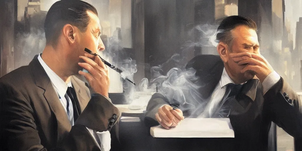 Image similar to beautiful oil matte portrait painting, mafia boss smoking at his 5 0 s new york office desk, wonderful masterpiece highly detailed, beautiful cinematic light deep focus, elegant, digital painting, smooth, sharp focus, golden ratio, dramatic illumination, ultra realistic, 8 k, art by jimmy law