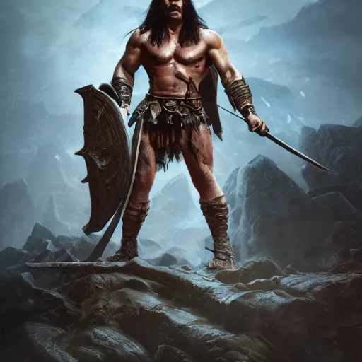 Image similar to conan the barbarian in diablo 3, au naturel, hyper detailed, digital art, trending in artstation, cinematic lighting, studio quality, smooth render, unreal engine 5 rendered, octane rendered, art style by klimt and nixeu and ian sprigger and wlop and krenz cushart