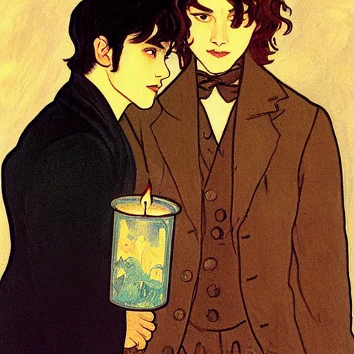 Image similar to painting of young cute handsome beautiful dark medium wavy hair man in his 2 0 s named shadow taehyung and cute handsome beautiful min - jun together at the halloween! party, ghostly, candles!, ghosts, autumn! colors, elegant, wearing suits!, clothes!, delicate facial features, art by alphonse mucha, vincent van gogh, egon schiele
