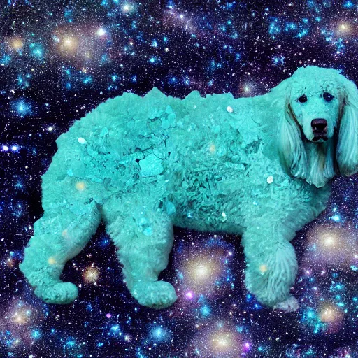 Image similar to a photograph of a huge dog in space made of turquoise colored crystals