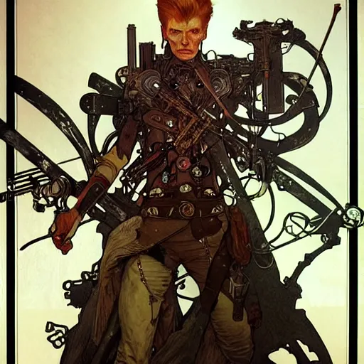 Image similar to post apocalyptic david bowie, fantasy, d & d, intricate, detailed, by by alphonse mucha, adolfo hohenstein, alice russell glenny, stanley artgerm lau, greg rutkowski, detailed, trending on artstation, trending on artstation, smooth