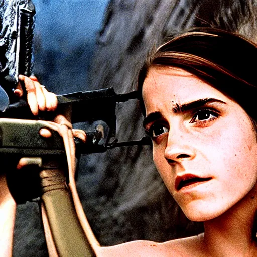 Image similar to film still, extreme far view, emma watson vietnam door gunner, film still from apocalypse now ( 1 9 7 9 ), 2 6 mm, kodak ektachrome, blue tint expired film,