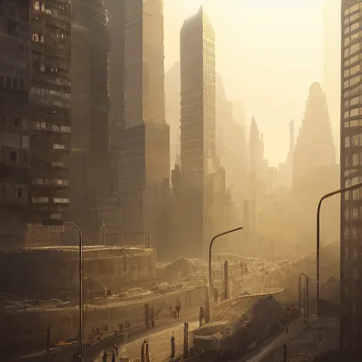 Image similar to An expansive brutalist busy city made of concrete golden hour volumetric lighting highly detailed digital art trending on Artstation, blade runner