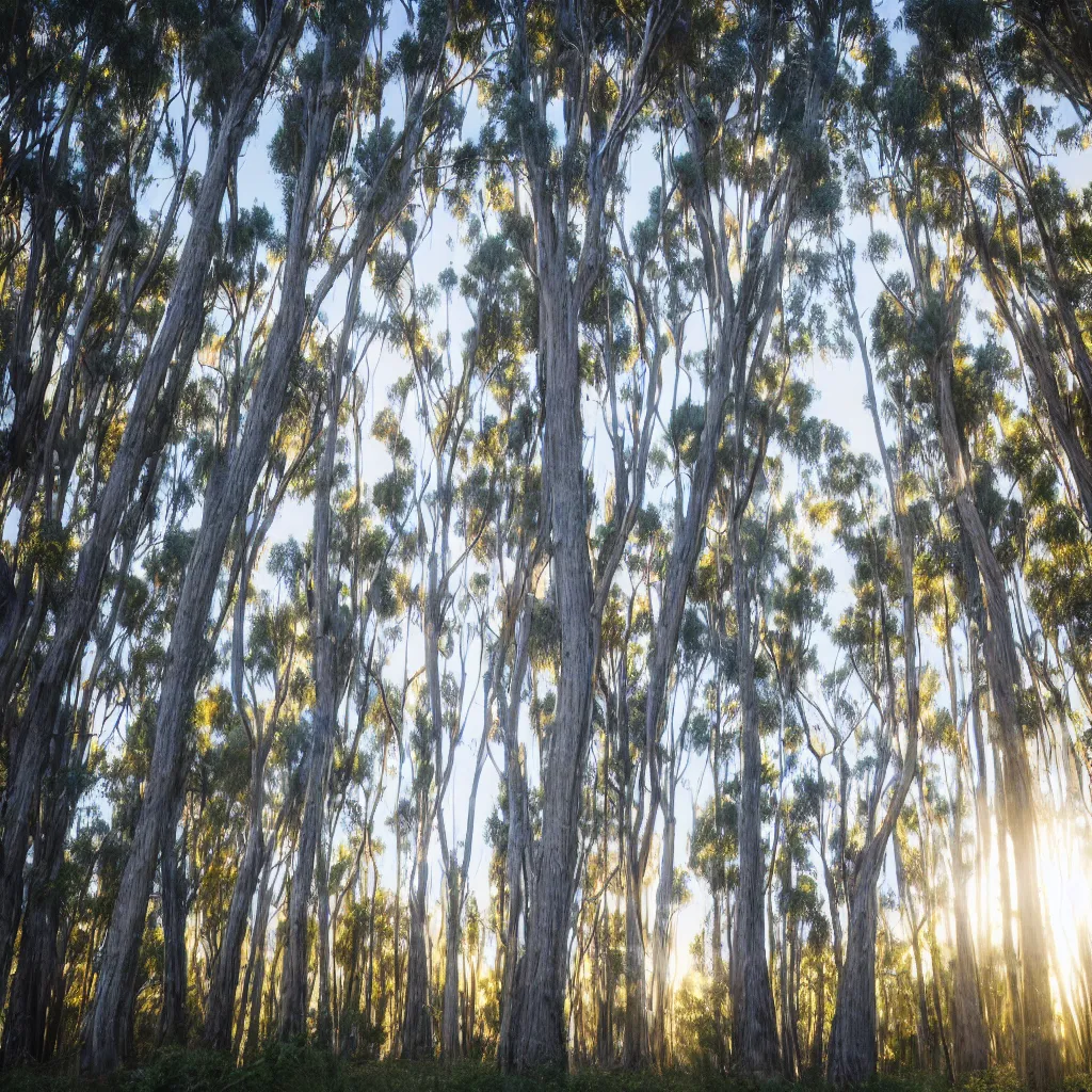 Image similar to 1 0 seconds long exposure photograph of eucalyptus trees, strong wind, back light, sony ar 7 ii, photographed by julie blackmon