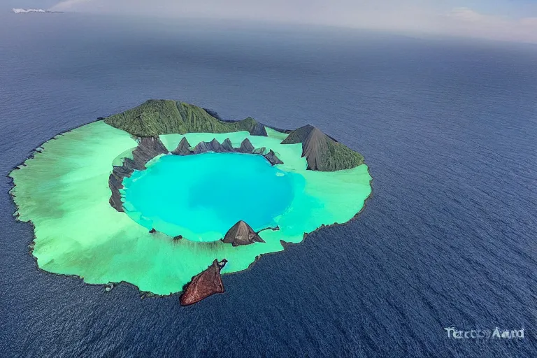 Prompt: aerial drone wide view of Anak Krakatau volcano island by Bernhard Edmaier,tectonics,islands,structural geology