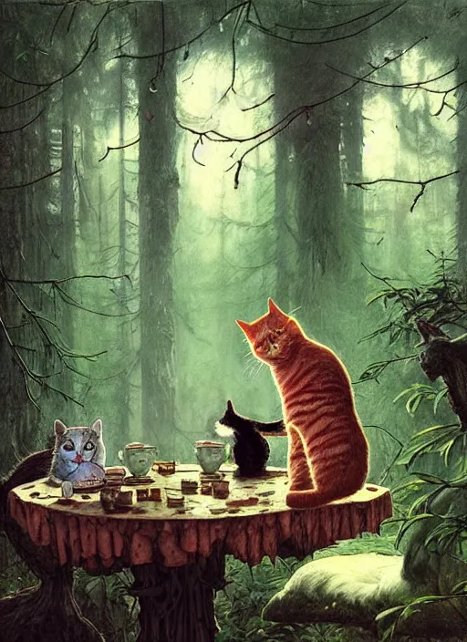 Image similar to cat having tea at a shrine in the woods gorgeous lighting, lush forest foliage a hyper realistic painting by chiara bautista and beksinski and norman rockwell and greg rutkowski weta studio, and lucasfilm