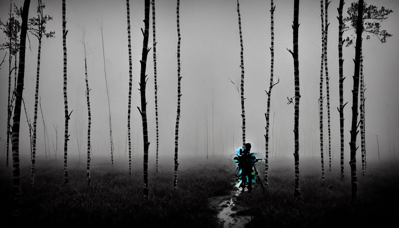 Prompt: soldier silhouette highlands curvy horizon birches grassy foggy flooded swamp dark atmospheric scary ambient vibe very detailed black and white 8 k