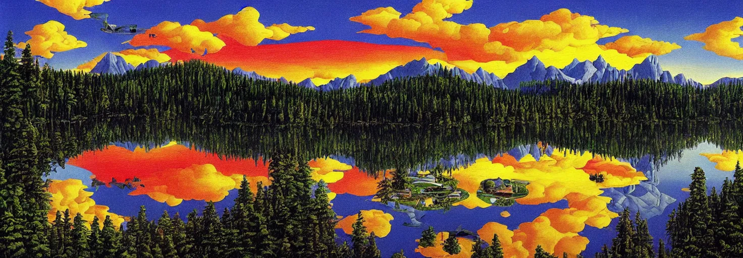 Image similar to escher painting of a lake, big trees reflecting on lake surface, mountains at background, an ufo in the air, fluffy clouds, sunset, yellow, green, red, snowy, ultra sharp, ultra detailed, happy, uplifting, colorized by salvador