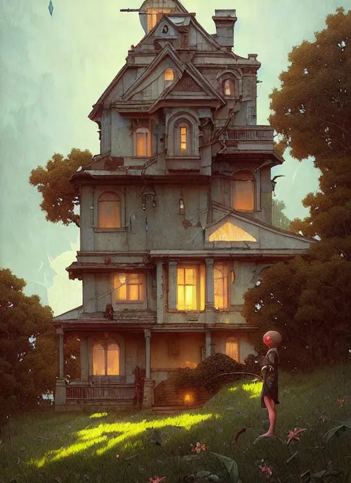 Image similar to a hyper realistic house on a hill distant explosions, gorgeous lighting, lush foliage, painting by chiara bautista and tom bagshaw, mucha, beksinski and norman rockwell and greg rutkowski weta studio, and lucasfilm