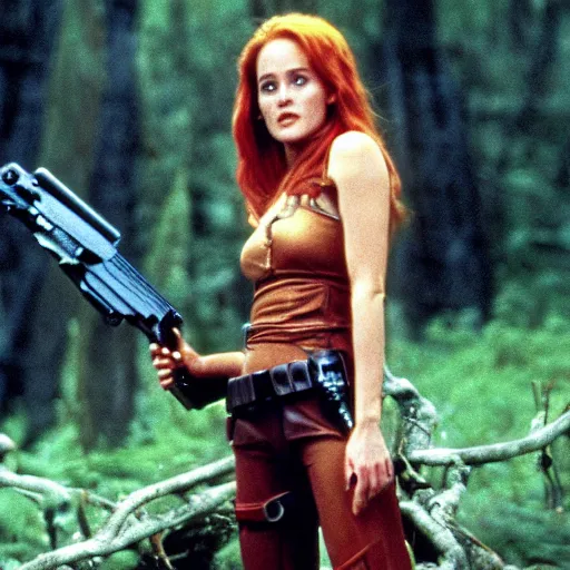 Prompt: movie still of cute young sharon stone as sexy bounty hunter mara jade on the forested mountain planet wayland in star wars episode vii : heir to the empire ( 1 9 9 1 ) ; bare arms ; leather top ; flowing red hair