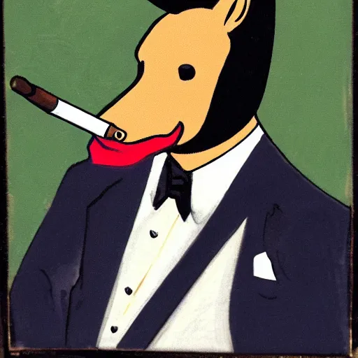 Image similar to an antropomorphic horse wearing a suit smoking a cigar