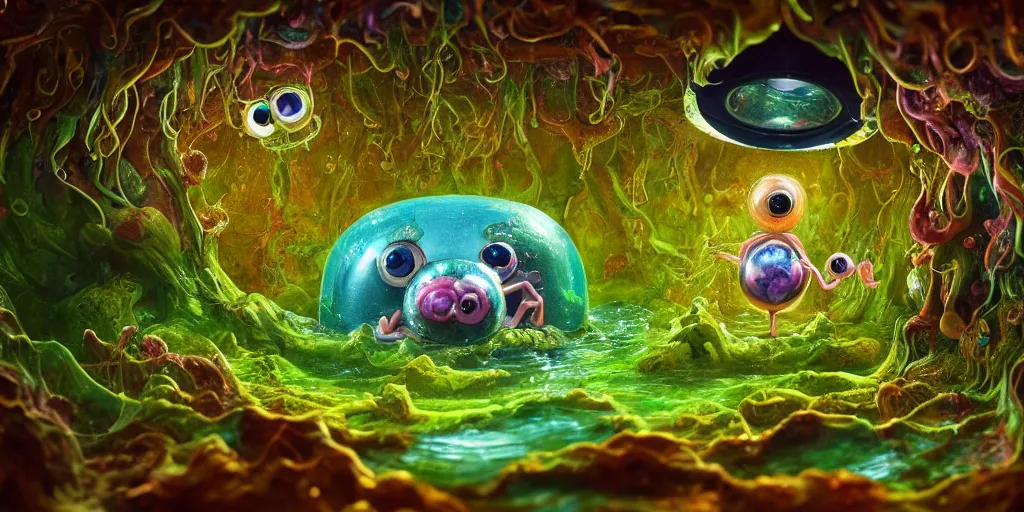 Prompt: of an intricate microscopic swamp with strange cute goofy creatures with huge eyes, long tongue, square teeth and big nose appearing from the waters, in the style of jeff koons, macro lens, shallow depth of field, highly detailed, digital painting, trending artstation, concept art, illustration, cinematic lighting, vibrant colors, photorealism, epic, octane render