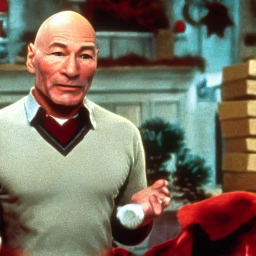 Image similar to a film still of patrick stewart in the movie jingle all the way