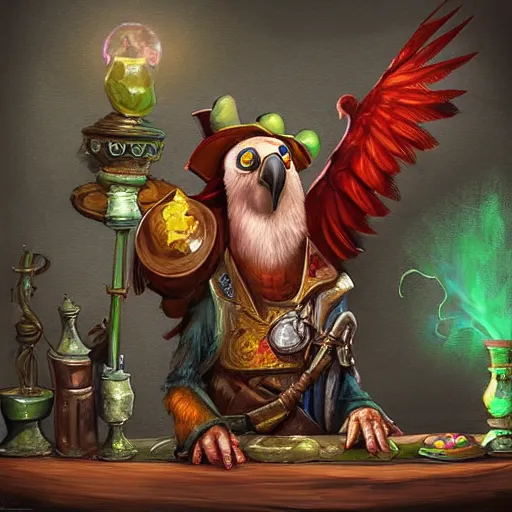 Prompt: Magic the gathering artwork of Anthropomorphized parrot shopkeeper in his fully stocked shop, shelves full, selling a gem, portrait, items, magic potions, carpet, window, fancy funny hat, sly expression , cunning expression, cute expression, presenting magic gem, D&D, fantasy, cinematic lighting, highly detailed, digital painting, artstation, concept art, smooth, sharp focus, illustration, warm light, cozy warm tint, magic the gathering artwork, volumetric lighting, 8k, no gold, no gold colours, art by Akihiko Yoshida and Greg Rutkowski