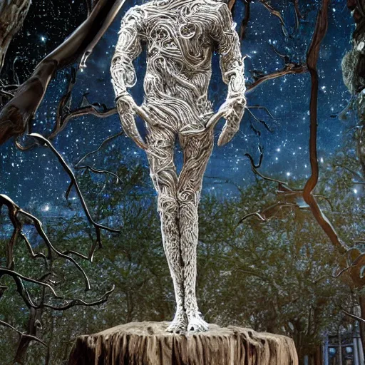 Image similar to a human man statue stuck in a cosmic tree, a sense of awe, amazement, monogon, plasma display, wooden, silver, mercury, damascus, armature wire, multiscopy, morph, in a symbolic and meaningful style, insanely detailed and intricate, hypermaximalist, elegant, ornate, hyper realistic, super detailed,