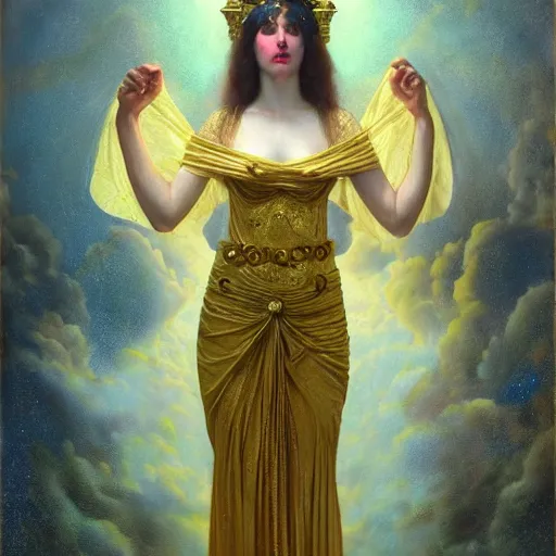 Prompt: highly detailed oil painting | very intricate | cinematic lighting | award - winning | the goddess babalon wearing a gold and blue dress | by roberto ferri, by tom bagshaw, by j. c. leyendecker and klimt, beautiful cinematic light, american romanticism, by austin osman spare, artstation, cgsociety, official art, octane
