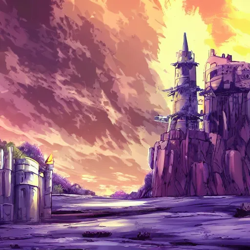 Prompt: Anime style, desert at night filled with beasts, tall white tower in the background, HD,