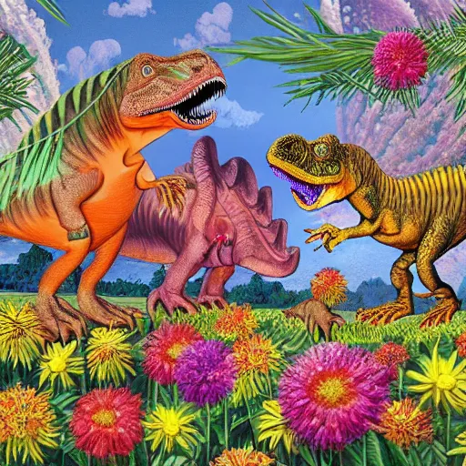 Prompt: dinosaurs in an explosion of flowers by James r. Knight, high detail, floral, ultra realistic