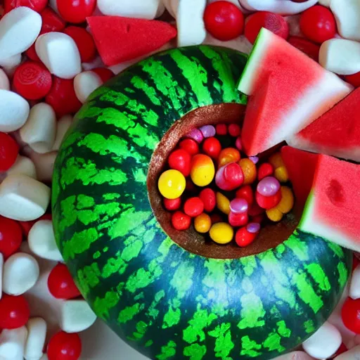 Prompt: a watermelon blows up and there are skittles inside