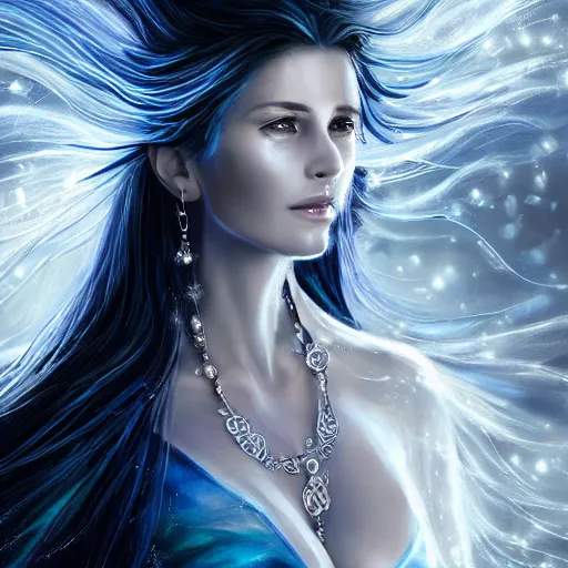 Image similar to masterpiece portrait of an aesthetic elegant mage woman, ice spell, 3 0 years old woman, black dynamic hair, wearing silver diadem with blue gems inlays, silver necklace, painting by joachim bergauer and magali villeneuve, atmospheric effects, chaotic blue sparks dynamics in the background, intricate, artstation, instagram, fantasy