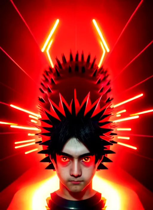 Image similar to a striking cinematic full body manga portrait of a black haired teenager wearing imposing red jagged spiked plate armour and glowing with red energy by hirohiko araki and beeple, fine details, digital art, character concept art, volumetric lighting, cinematic light, photorealistic