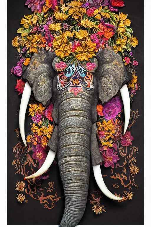 Image similar to Painted dark-wood relief carving of a Flowerpunk Matriarch Elephant, explosion of colorful flowers, dark wood, intricately carved, black ink, festival of rich colors, intricate details, cinematic lighting, volumetric lighting, backlit, post-processing, by andreas rocha and john howe, and Martin Johnson Heade, featured on artstation, featured on behance, golden ratio, ultrawide angle, hyper detailed, photorealistic, epic composition, wide angle, f32, well composed, UE5, 8k