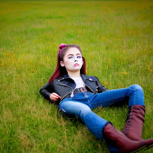 Image similar to young girl lies on a meadow, she has two ponytails and wears leather jacket, jeans and knee high black boots, sharp focus, photo taken by nikon, 4 k,