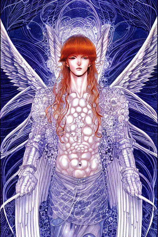 Image similar to illustration of a male angel encased in ice and crystals, intricate linework, in the style of moebius, ayami kojima, 1 9 9 0's anime, retro fantasy