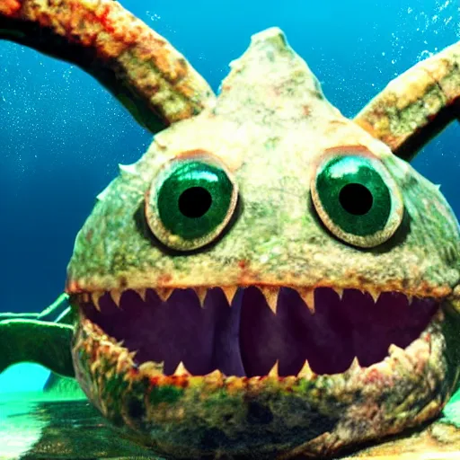 Image similar to sea monster about to eat pov underwater, big eyes, terrifying, hyper realistic, 8 k cinematic