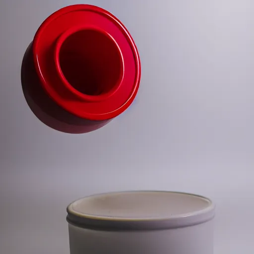 Image similar to an ultra high definition professional studio photograph, 5 0 mm f 1. 4 iso 1 0 0. the photo is set in a plain empty white studio room with a plain white plinth centrally located. the photo depicts an object on the plinth framed centrally. the object is a cup. the cup is coloured red and blue.