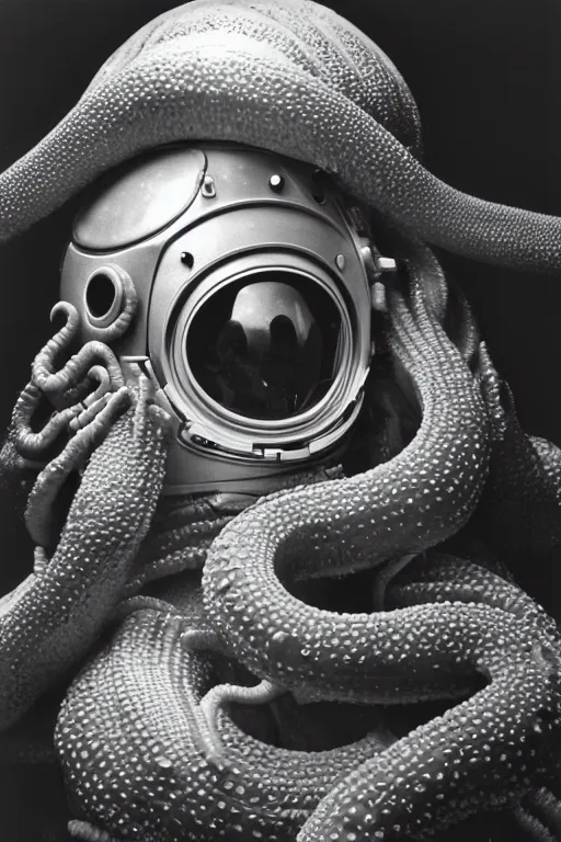 Prompt: extremely detailed studio portrait of space astronaut, alien tentacle protruding from eyes and mouth, slimy tentacle breaking through helmet visor, shattered visor, full body, soft light, plain studio background, disturbing, shocking realization, award winning photo by yousuf karsh