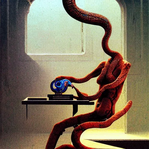 Image similar to by Beksinski , cyborg sitting Infront, snake getting into gramophone, high quality image, denoise