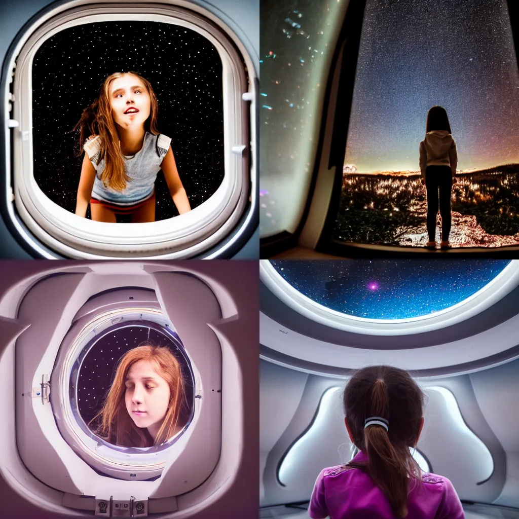 Prompt: a girl looking out at the stars and universe from inside her spaceship, 8k photography