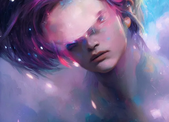 Prompt: a girl with rainbow hair standing in a sci - fi spaceship, official art, gorgeous detailed face, by jeremy lipking, by artgerm, realistic expressive oil painting, cgsociety, anime style, detailed interior, movie still