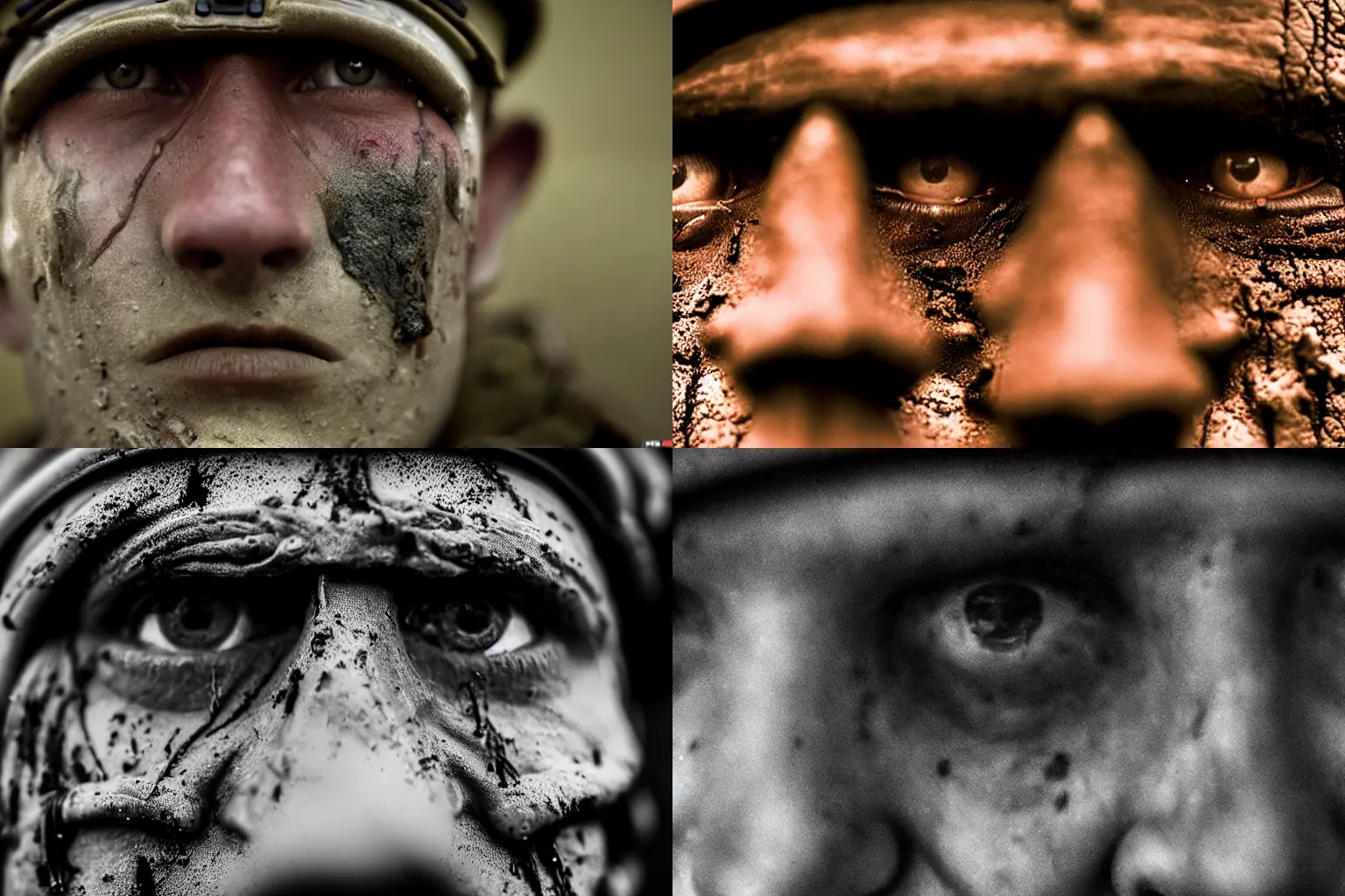 Prompt: An extreme close-up of a WW1 soldier's face, high anxiety, mud, grime, sweat, filth, dramatic lighting, ARRI ALEXA Mini LF, ARRI Signature Prime 35mm T 1.8 Lens, 4K film still by Sam Mendes, Roger Deakins,