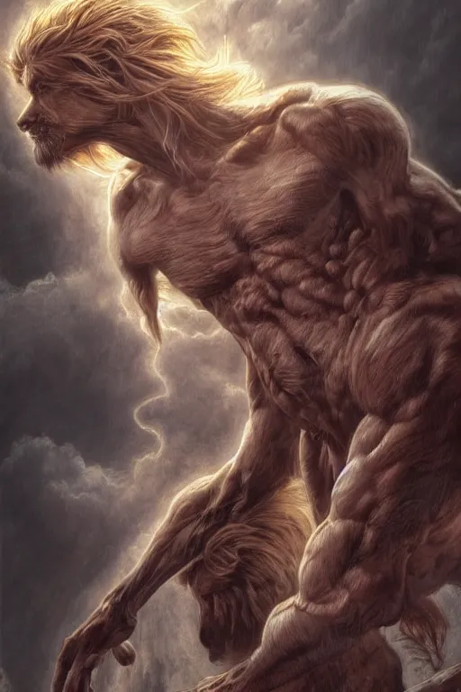 Image similar to Dog as a god, detailed face, gorgeous, amazing, flowing hair, very muscular male body, partial anatomy, stormy background, crepuscular ray, intricate, highly detailed, 8K, digital painting, fantasy, artstation, concept art, sharp focus, over-shoulder shot, illustration, art by Wayne Barlowe, hajime Sorayama alphonse mucha