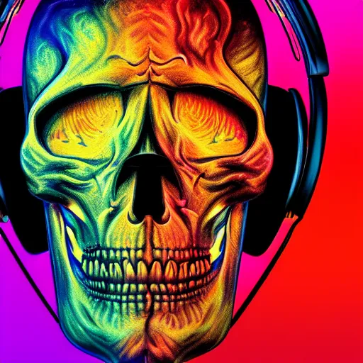 Image similar to melted human skull with headphones, retrowave, synthwave, psychedelic background with sacred geomerty elements in style of alex gray, digital art, artstation