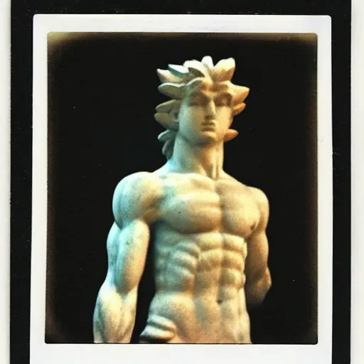 Prompt: Polaroid photo of fragmented greek sculpture of Goku