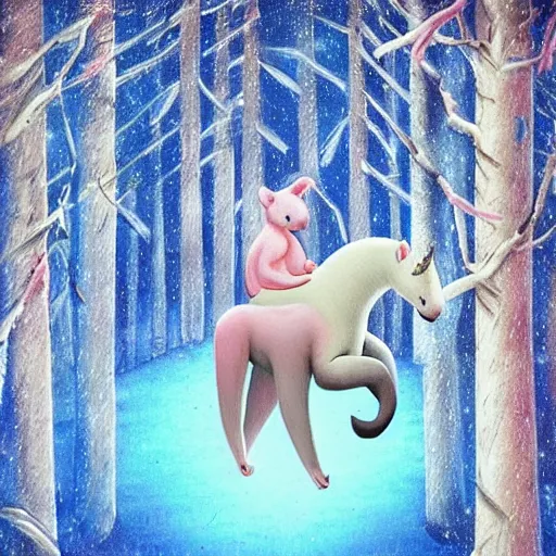 Image similar to pink and blue unicorn, koala riding on unicorn's back, koala stretches arms wide, hyper realistic style, winter forest with snow, dramatic lighting, one large yellow flower, 4k