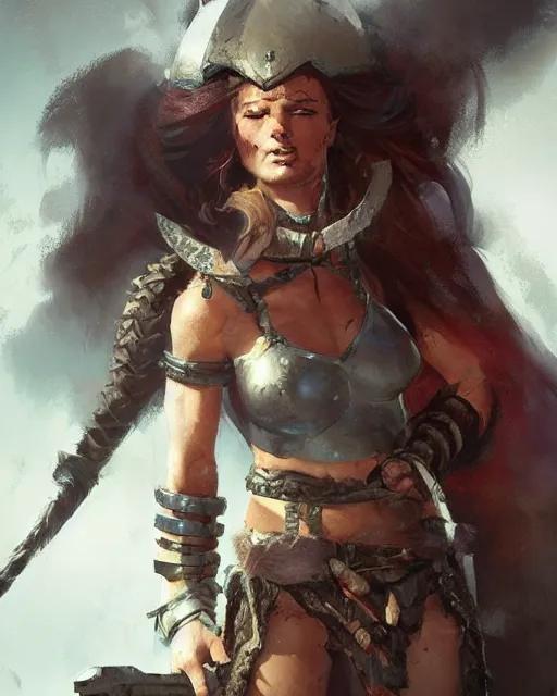 Image similar to barbarian warrior girl, full body, cinematic, artstation, cgsociety, greg rutkowski, james gurney, mignola, craig mullins, brom